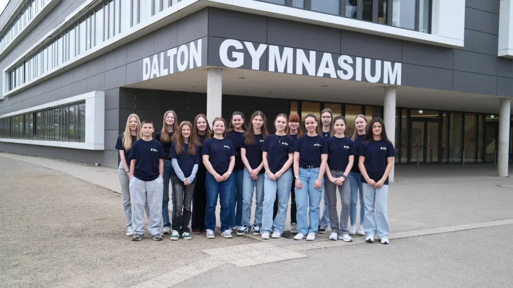 Schülerinnen und Schüler der Mediendesign AG stehen gemeinsam vor dem Dalton-Gymnasium Alsdorf.