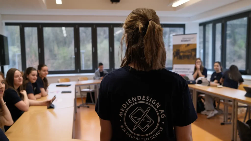 Schülerin steht vor der Mediendesign AG und bereitet eine Präsentation im Klassenraum vor.
