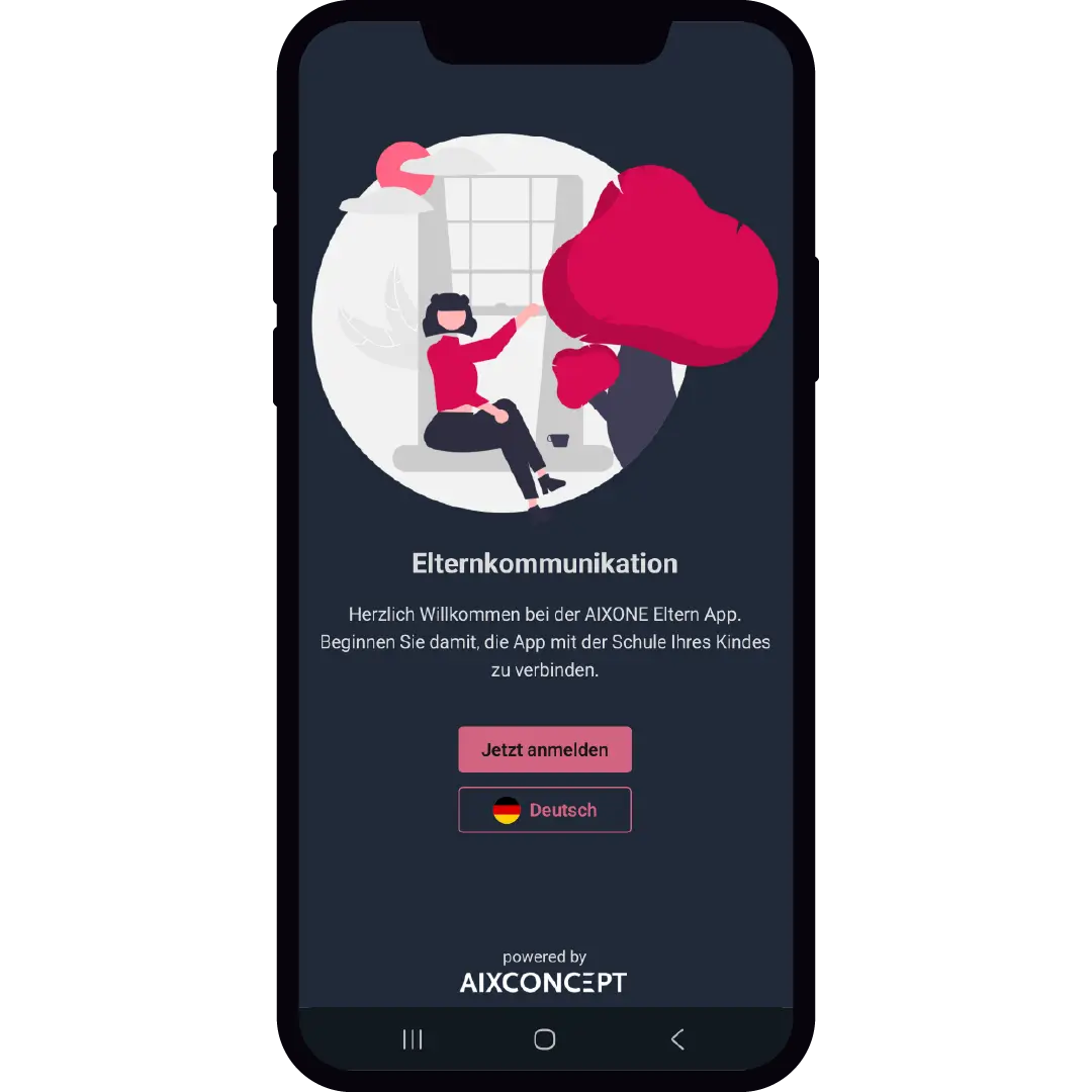 Startbildschirm der AIXONE Eltern-App mit der Schaltfläche ‚Jetzt anmelden‘ und Sprachauswahl.