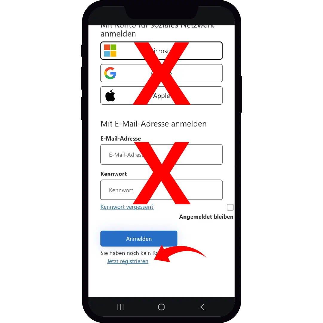 Die Anmeldung per E-Mail und Kennwort ist durchgestrichen, ein Pfeil weist auf ‚Jetzt registrieren‘.
