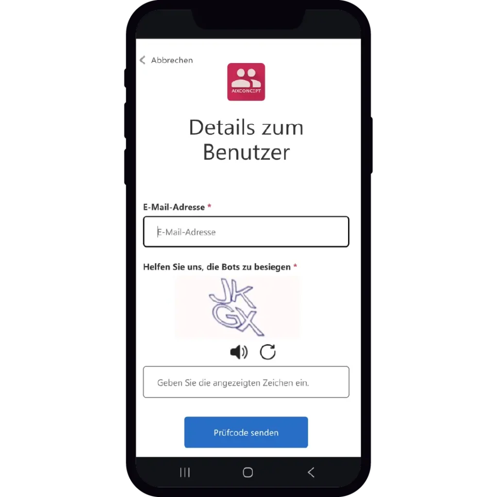 Registrierungsseite mit Eingabefeld für die E-Mail-Adresse und Sicherheitsabfrage zur Verifizierung.