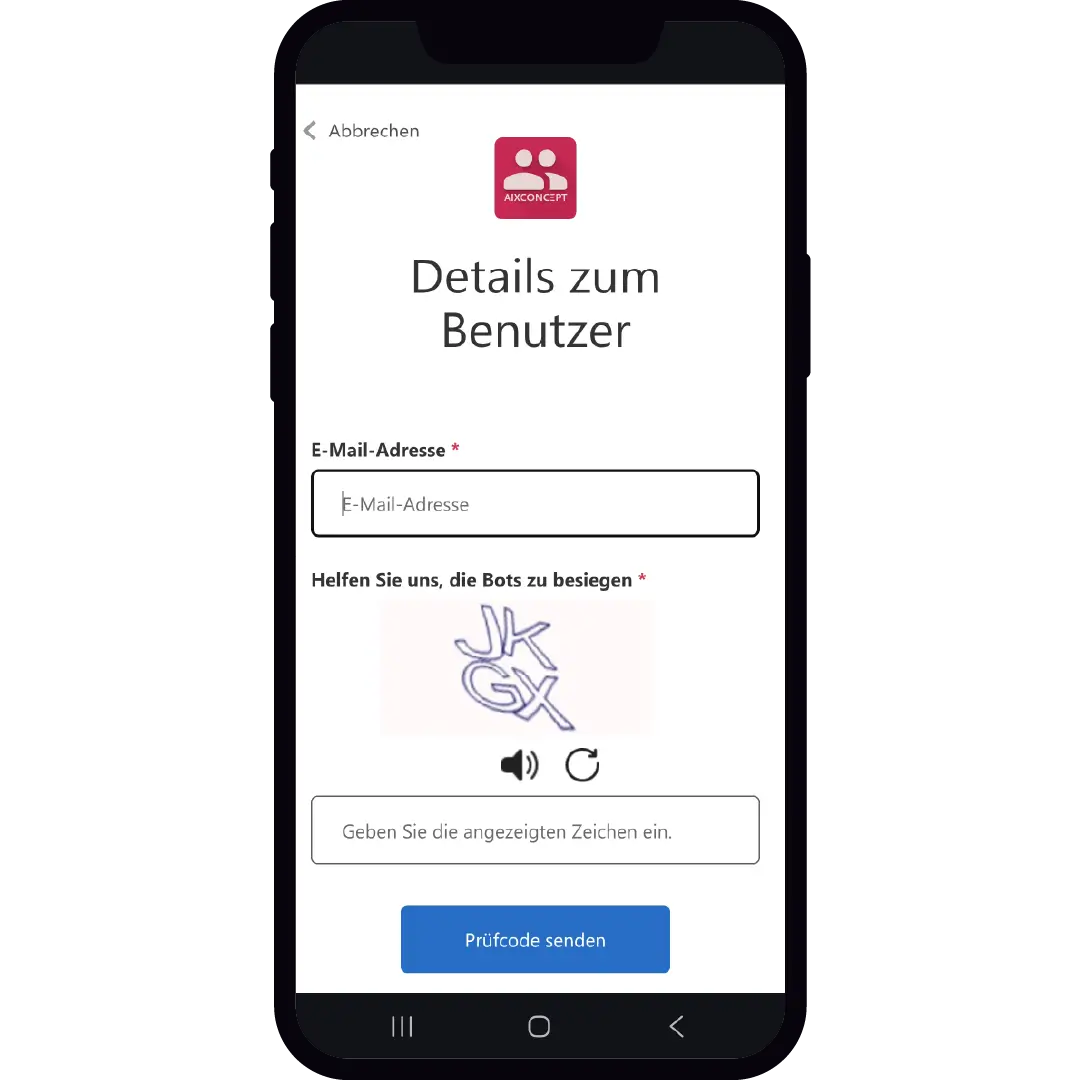 Registrierungsseite mit Eingabefeld für die E-Mail-Adresse und Sicherheitsabfrage zur Verifizierung.