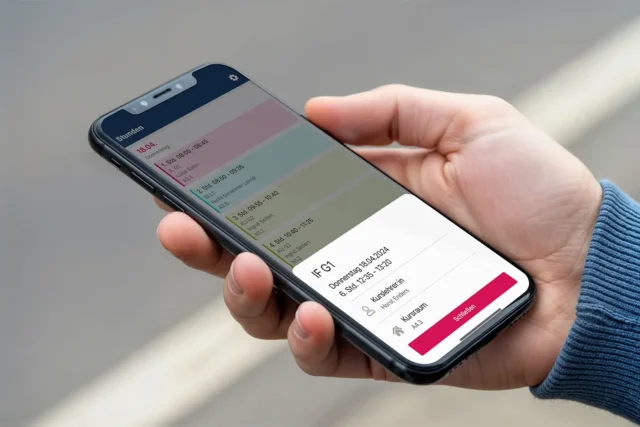 Hand hält ein Smartphone mit geöffneter AIXONE Eltern-App, die den Stundenplan und Details zu einer Unterrichtsstunde anzeigt.